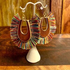 Wood Fringe and Brass Rainbow Color
Dangle Earrings
